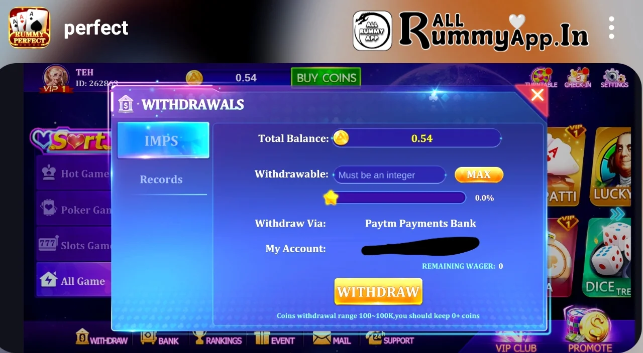 Rummy Perfect APK Withdraw Process